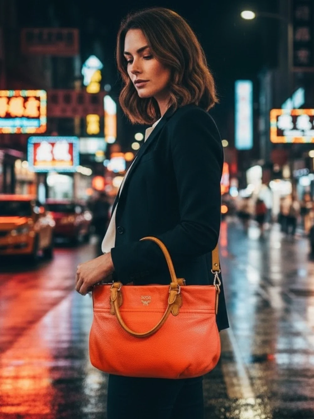 MCM Orange Embossed Leather Convertible Two-Way Handbag Shoulder Bag